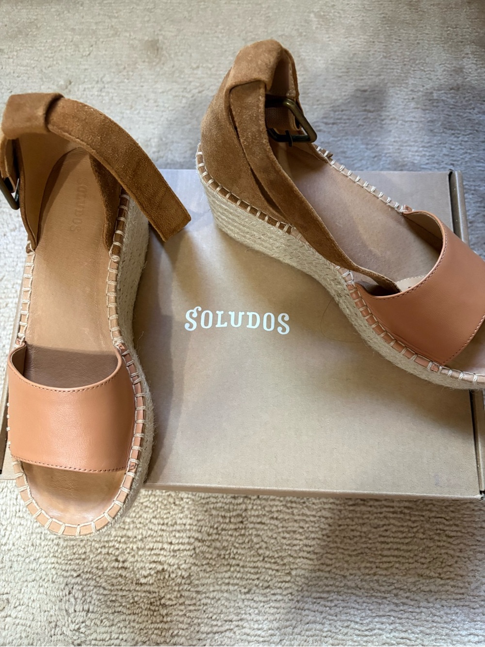 Soludos Tan Leather and Brown Suede Espadrille Wedge Sandals